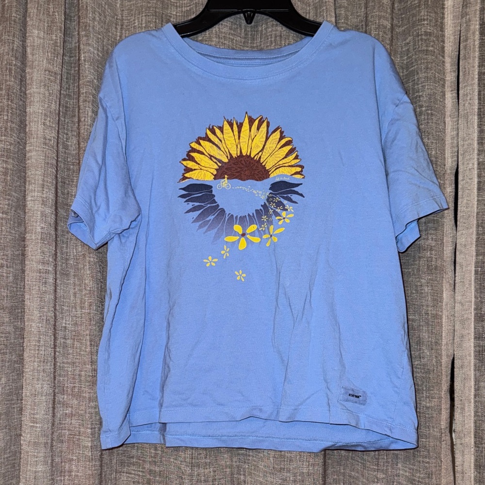 Life Is Good Blue Crusher Boxy Tee with Sunflower Graphic